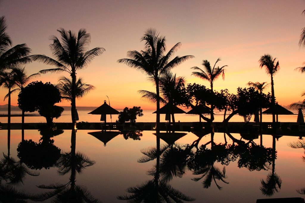 bali, palm trees, hd wallpaper, nature wallpaper, sunset, travel, indonesia, swimming pool, nature background, vacations, beautiful nature, nature, beach, 4k wallpaper, destination